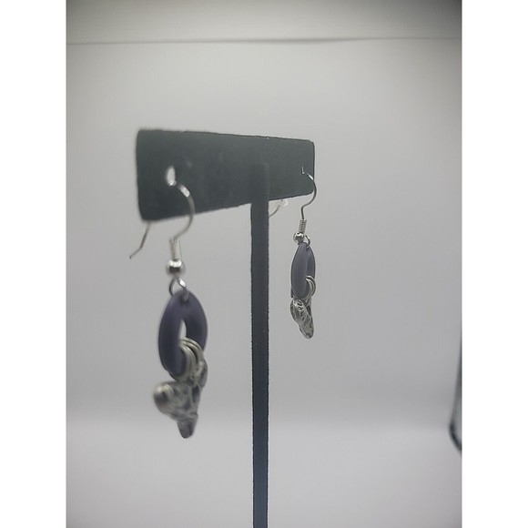 Vintage Silver Tone Drop Dangle Purple Hoop Pierced Womens Jewelry Costume - Picture 7 of 12
